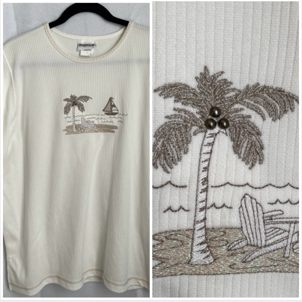 Ribbed Bonworth Dressy Top with Beach Embellished Design and Trim Accents.